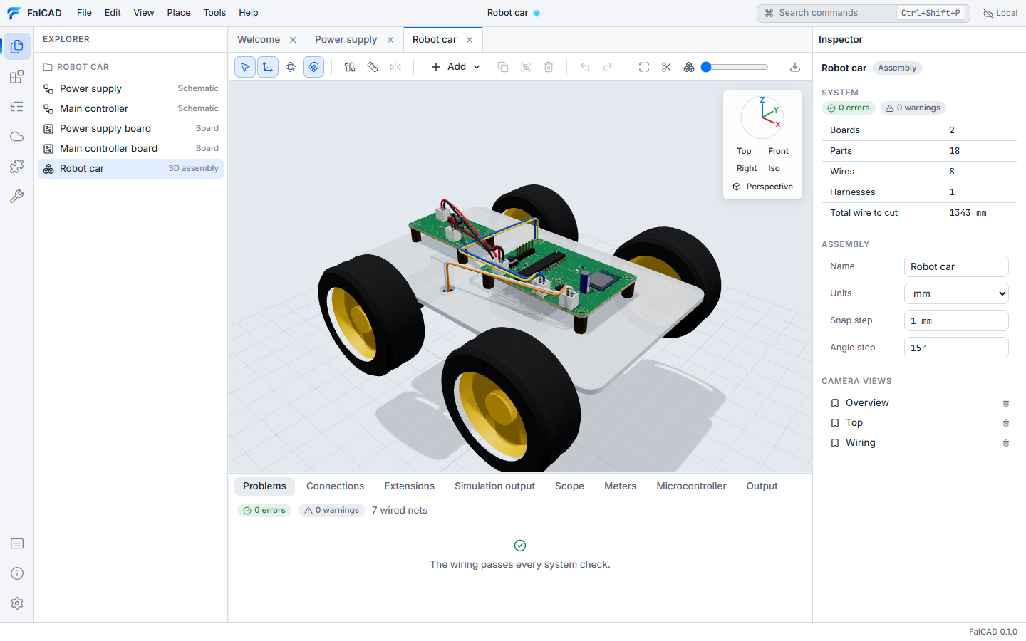 The Robot car template: two boards on a chassis with their wiring