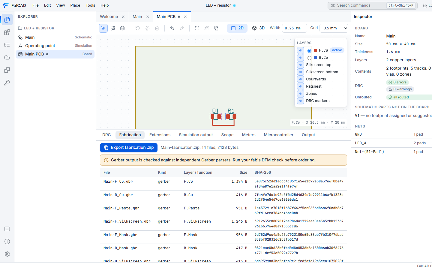 The fabrication export listing every file with its checksum