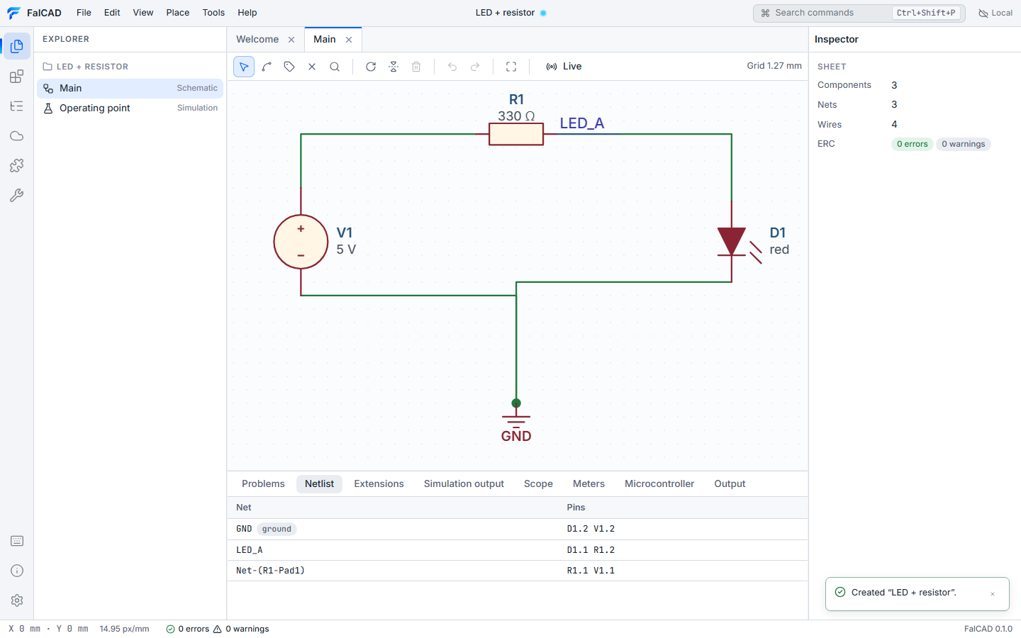 The FalCAD schematic workbench showing an LED circuit, its netlist and a passing electrical rule check